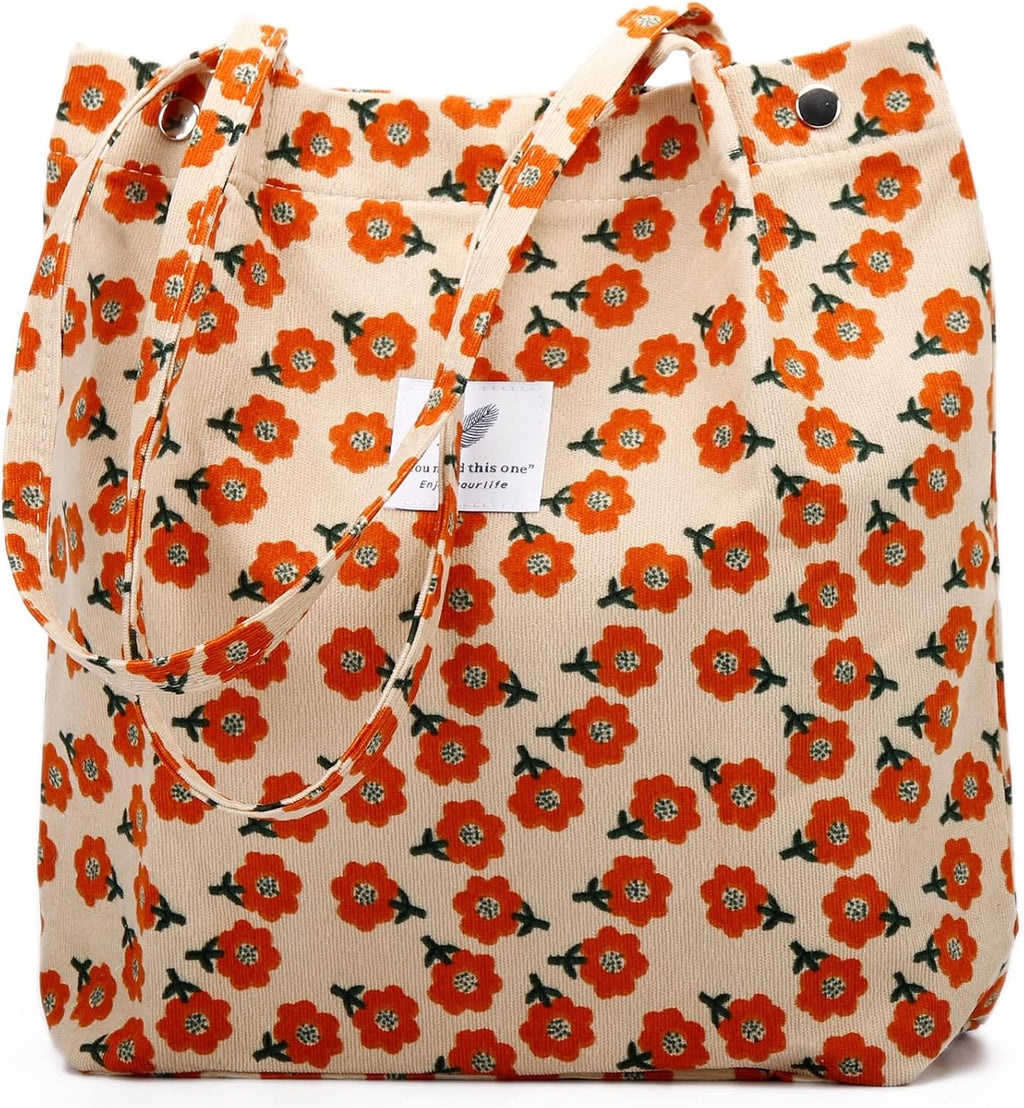 Corduroy Tote Bag Cute Tote Bags for Women Shoulder Bag with Inner Pocket for Work Beach Travel and Shopping Grocery