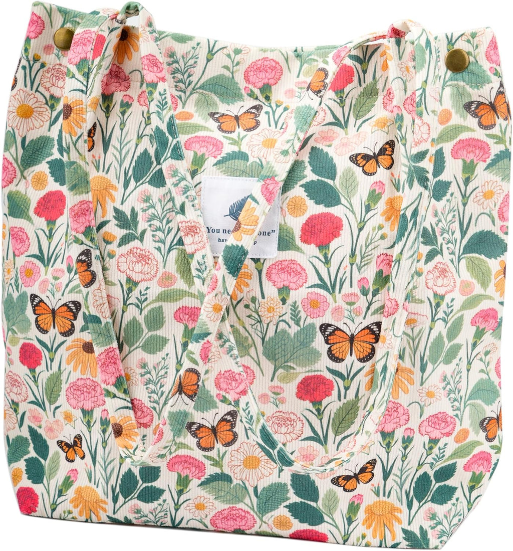 Corduroy Tote Bag Cute Tote Bags for Women Shoulder Bag with Inner Pocket for Work Beach Travel and Shopping Grocery