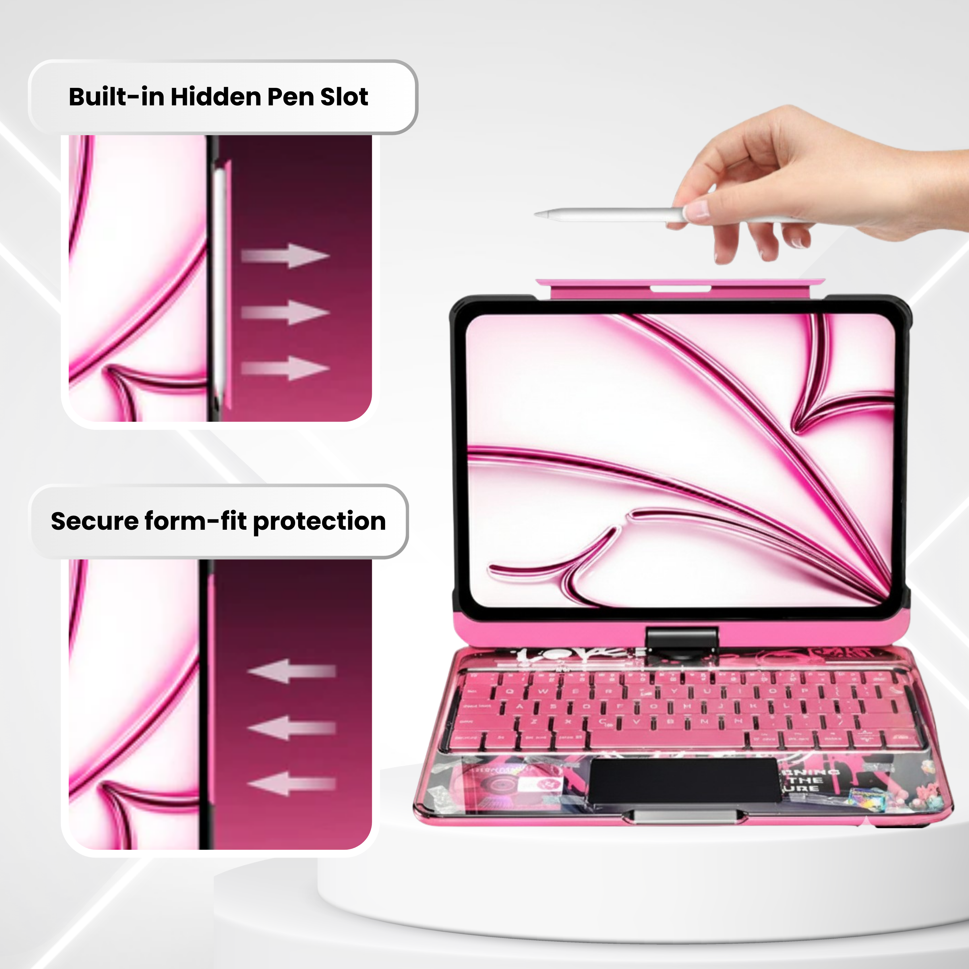 TabShell Y2K Transparent Pink 360° Rotating iPad Keyboard Case