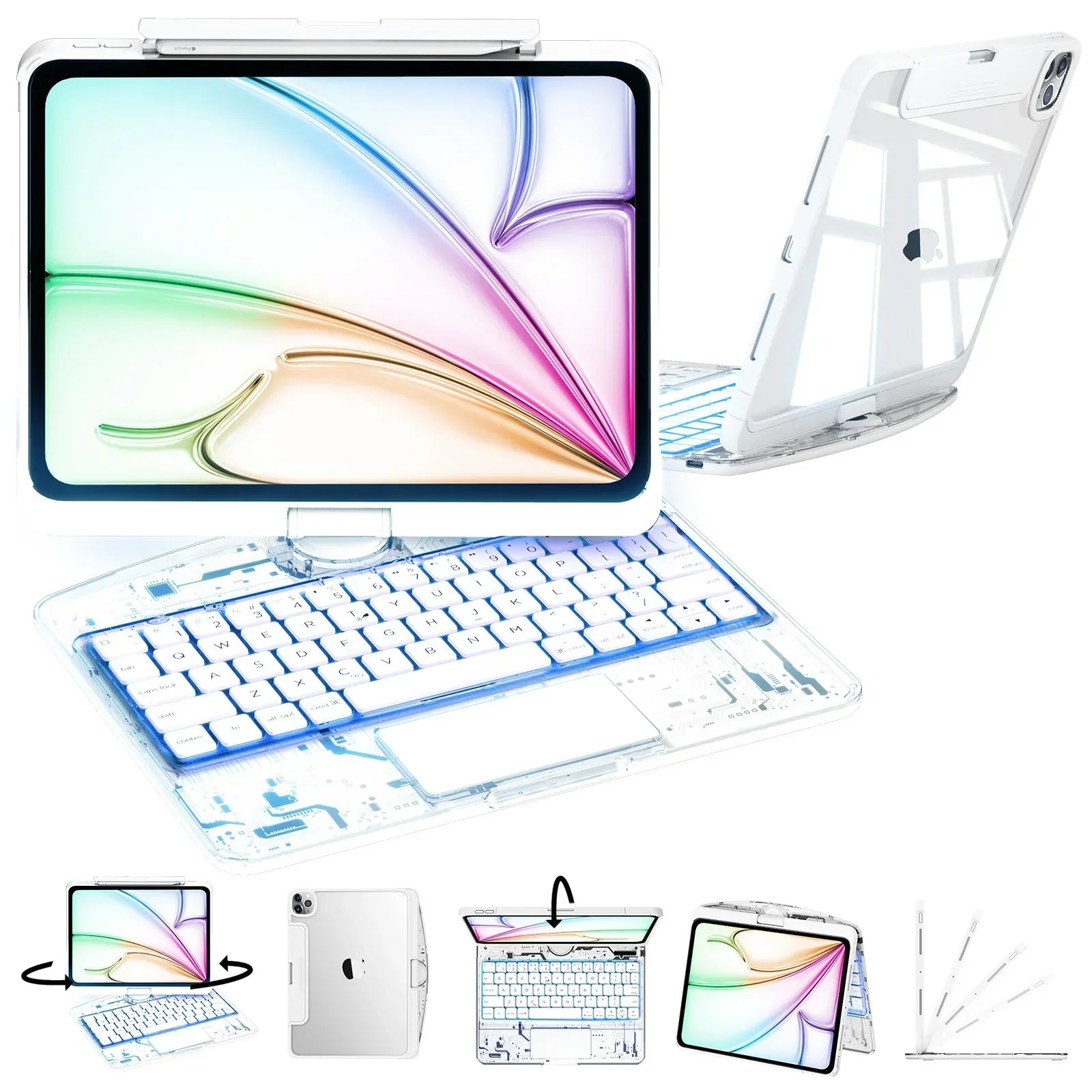 TabShell Y2K Transparent White 360° Rotating iPad Keyboard Case