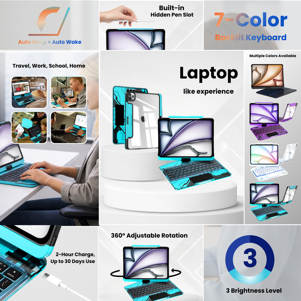TabShell Y2K Transparent Blue 360° Rotating iPad Keyboard Case