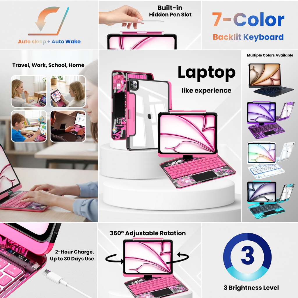 TabShell Y2K Transparent Pink 360° Rotating iPad Keyboard Case