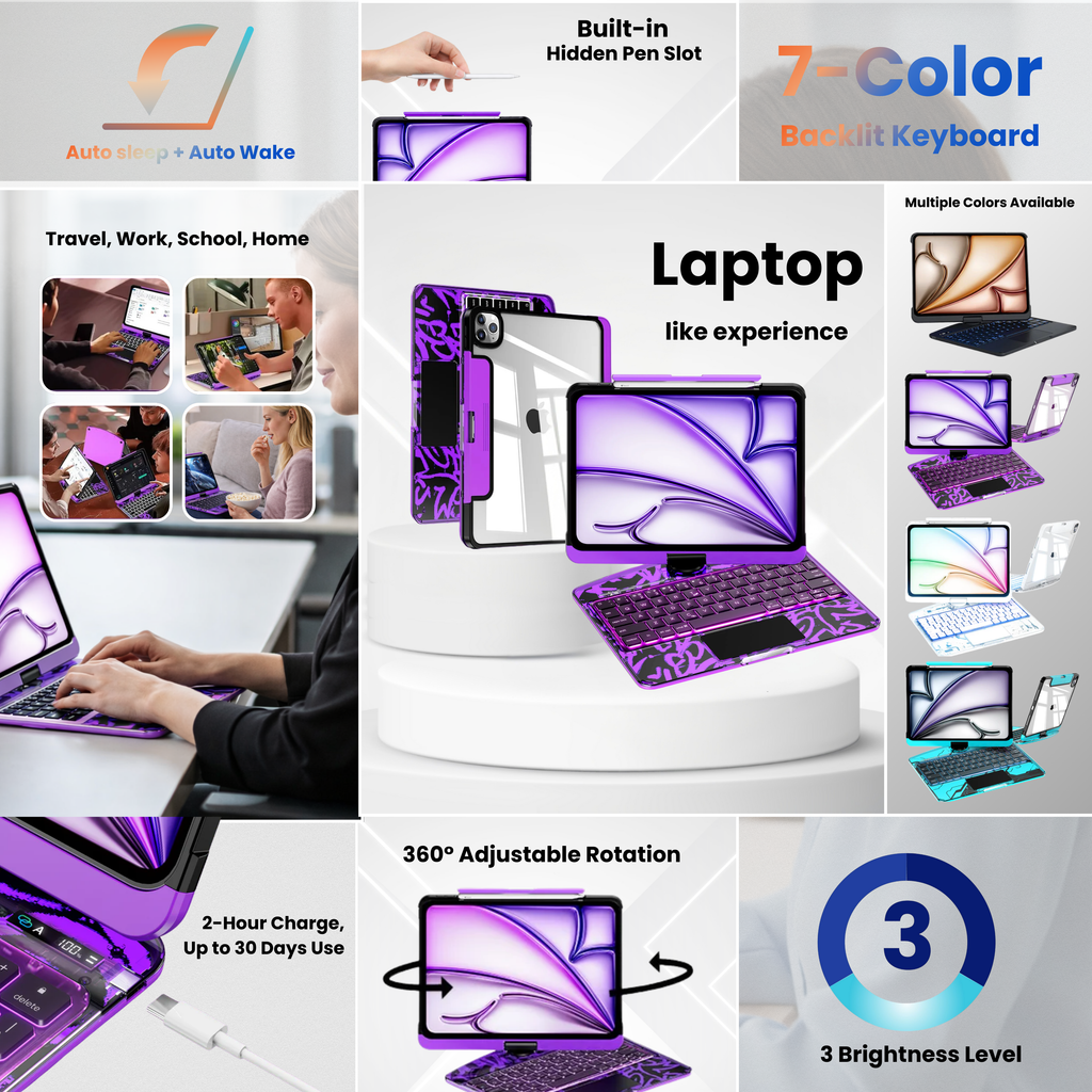 TabShell Y2K Transparent Purple 360° Rotating iPad Keyboard Case