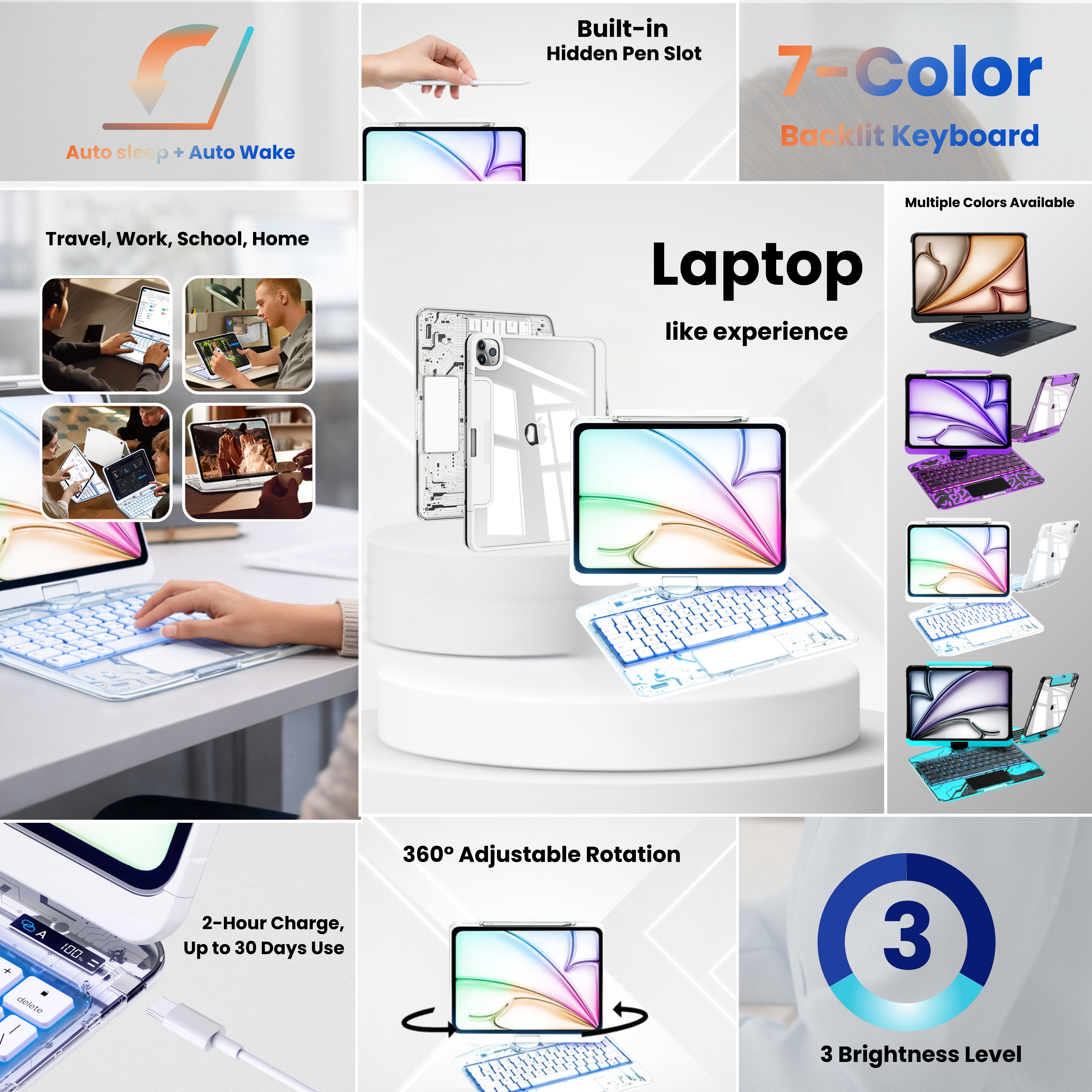 TabShell Y2K Transparent White 360° Rotating iPad Keyboard Case